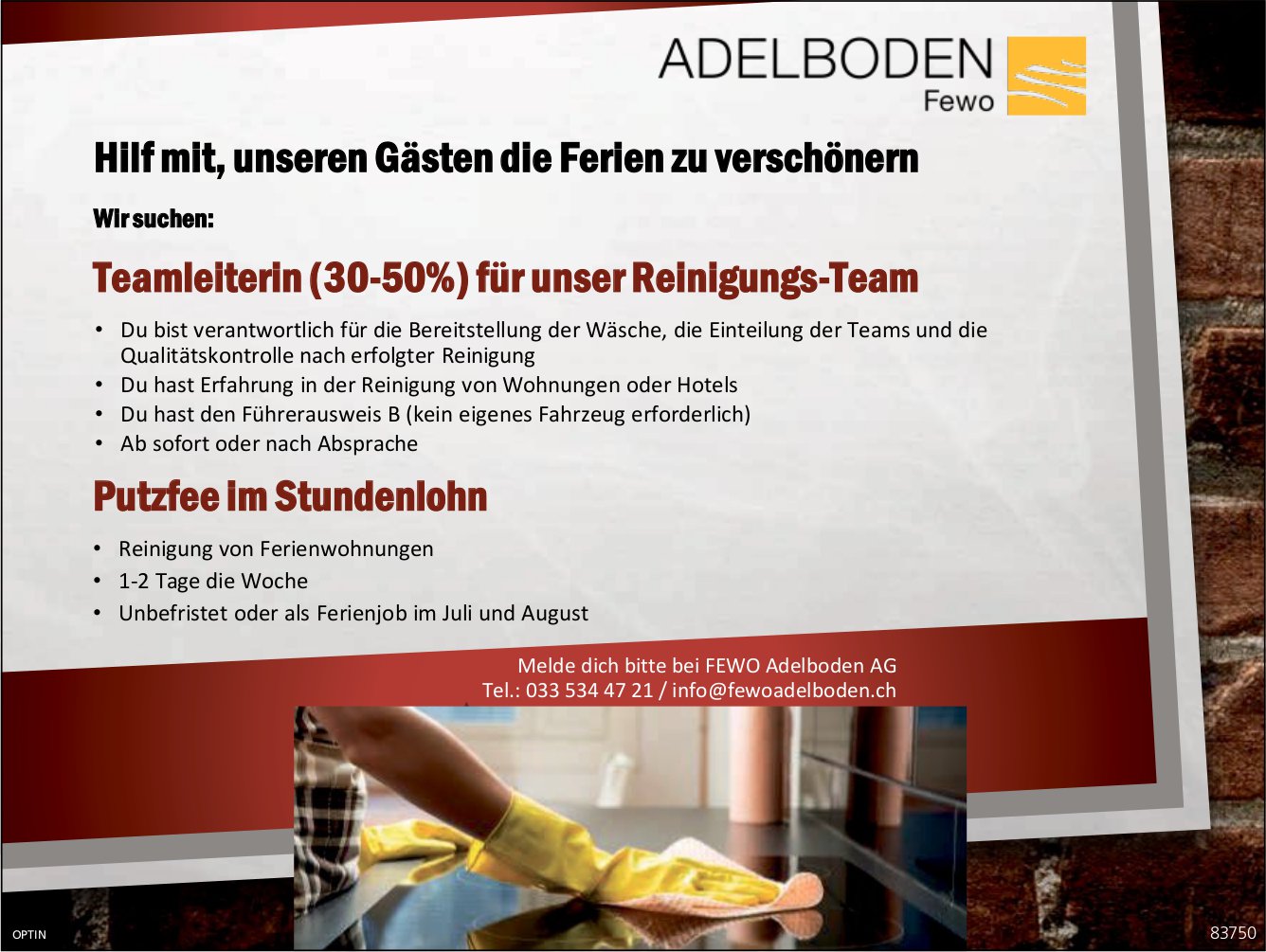 Putzfee Teamleiterin (30-50%), Fewo Adelboden AG, gesucht