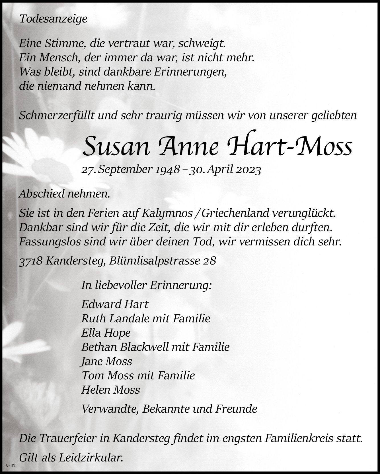 Susan Anne Hart-Moss, April 2023 / TA