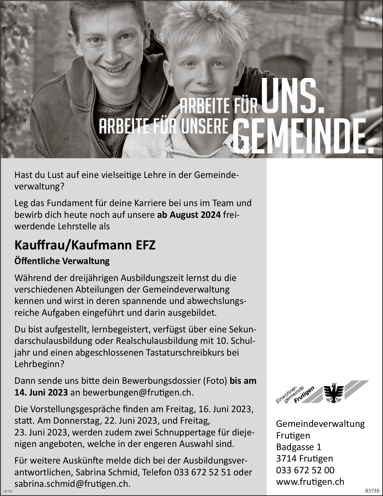 Lehrstelle als Kauffrau/Kaufmann EFZ, Gemeinde, Frutigen, zu vergeben