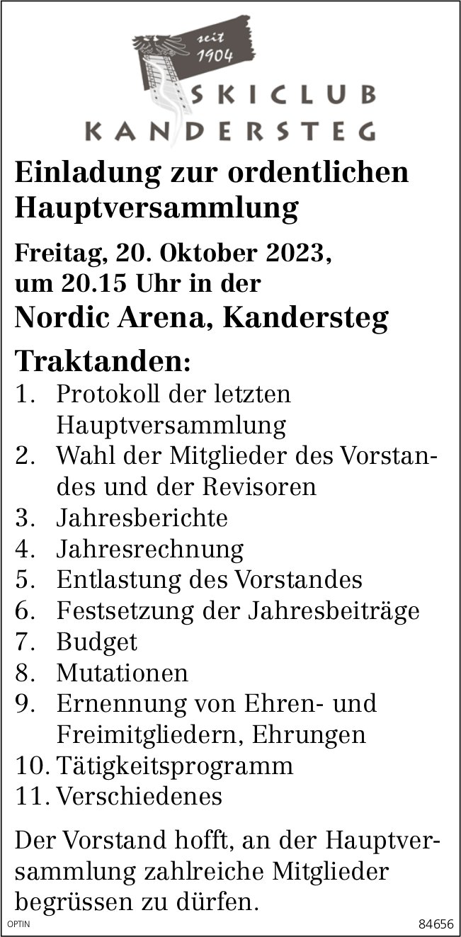 Ordentliche Hauptversammlung Skiclub, 20. Oktober, Nordic Arena, Kandersteg