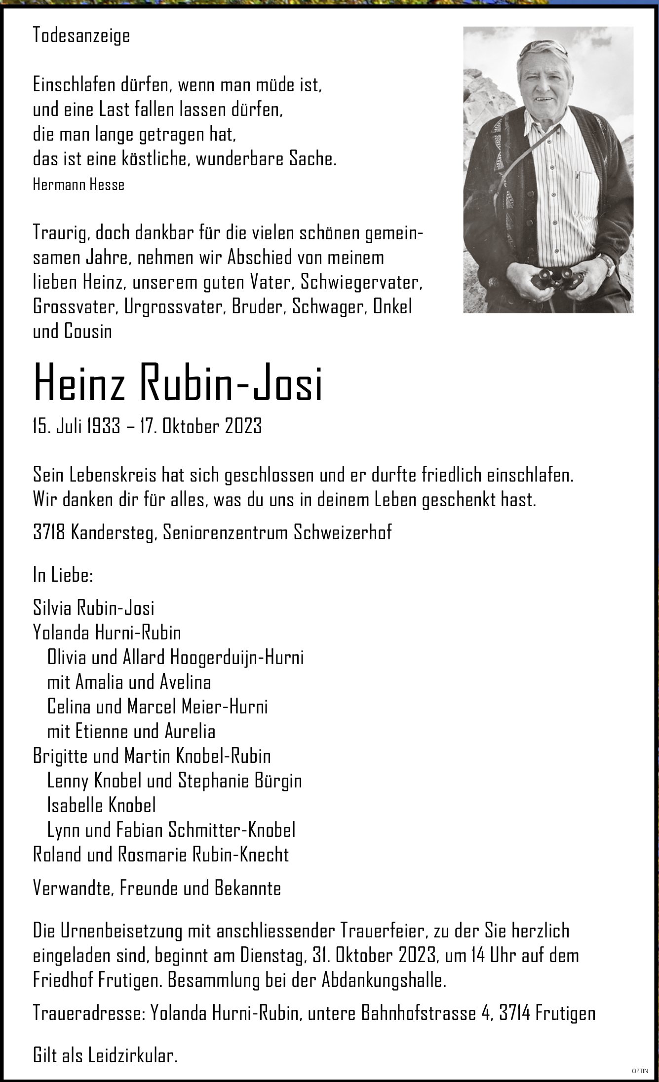 Heinz Rubin-Josi, Oktober 2023 / TA