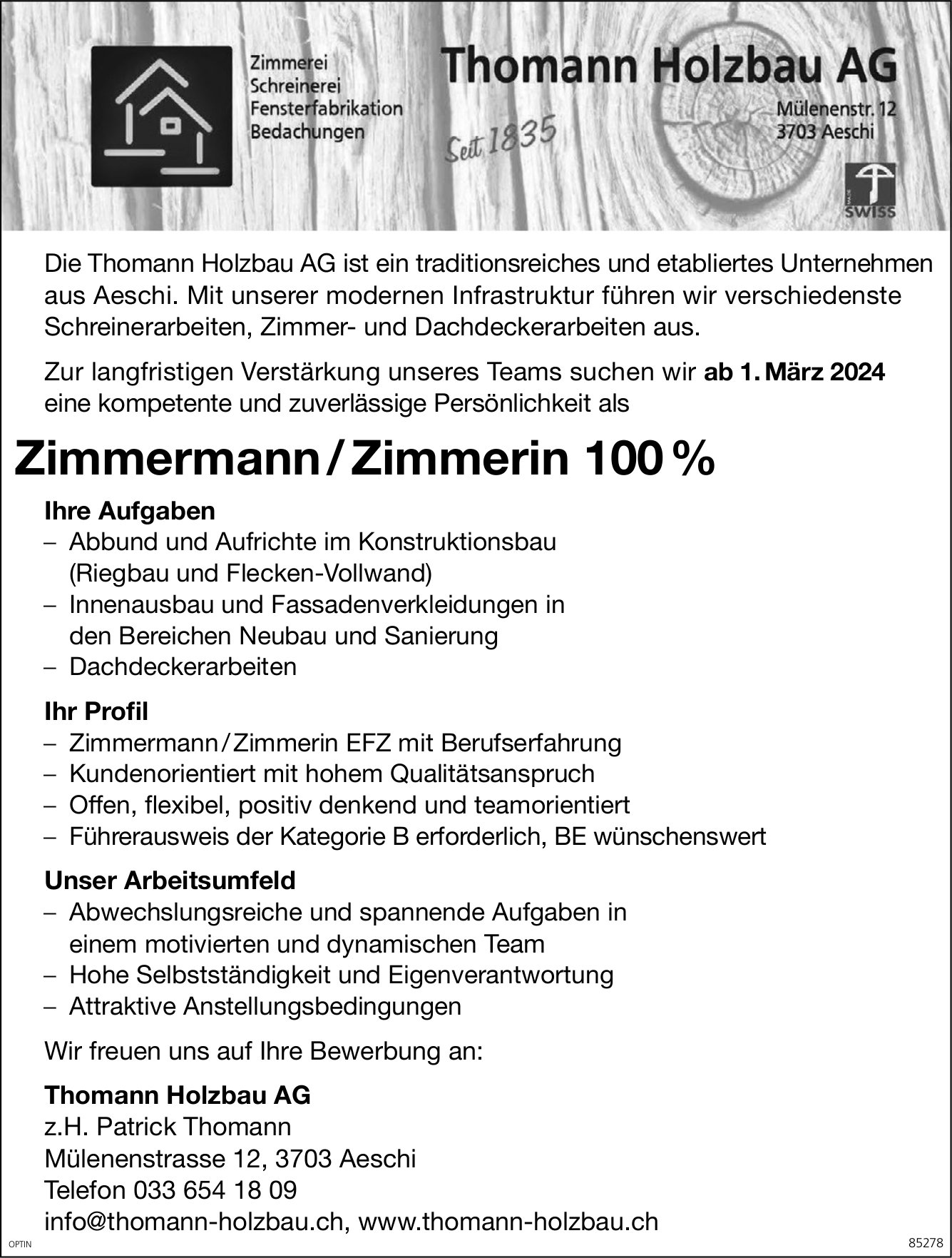 Zimmermann / Zimmerin 100 %, Thomann Holzbau AG, Aeschi, gesucht