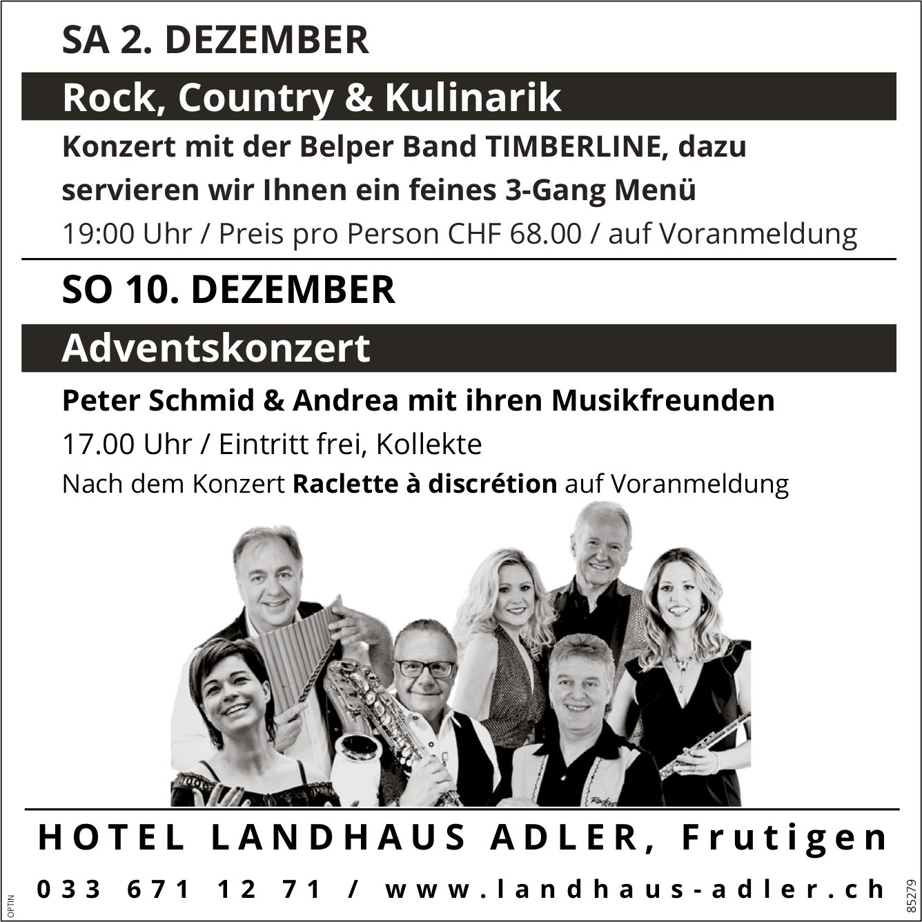 Rock, Country & Kulinarik und Adventskonzert, 2. und 10. Dezember, Hotel Landhaus Adler, Frutigen