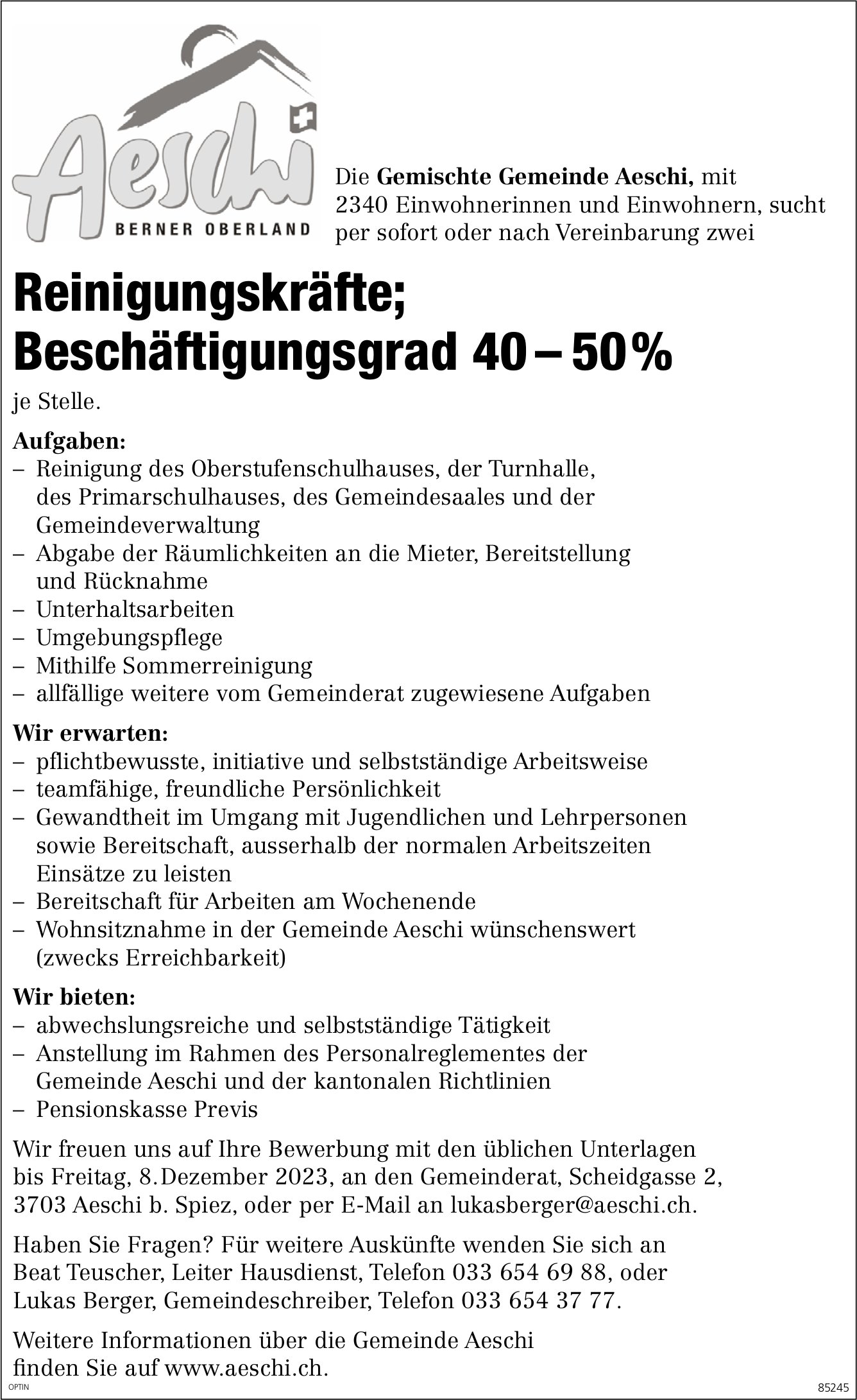 Reinigungskräfte 40-50%, Gemeinde, Aeschi b. Spiez, gesucht