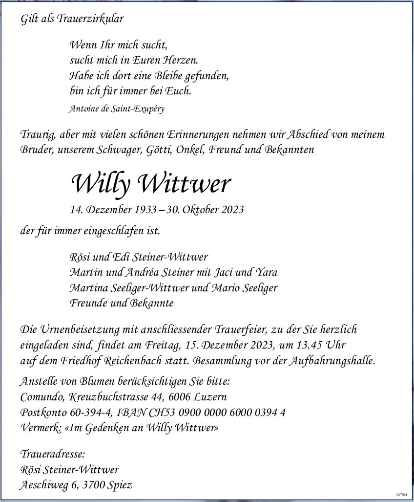 Willy Wittwer, Oktober 2023 / TA