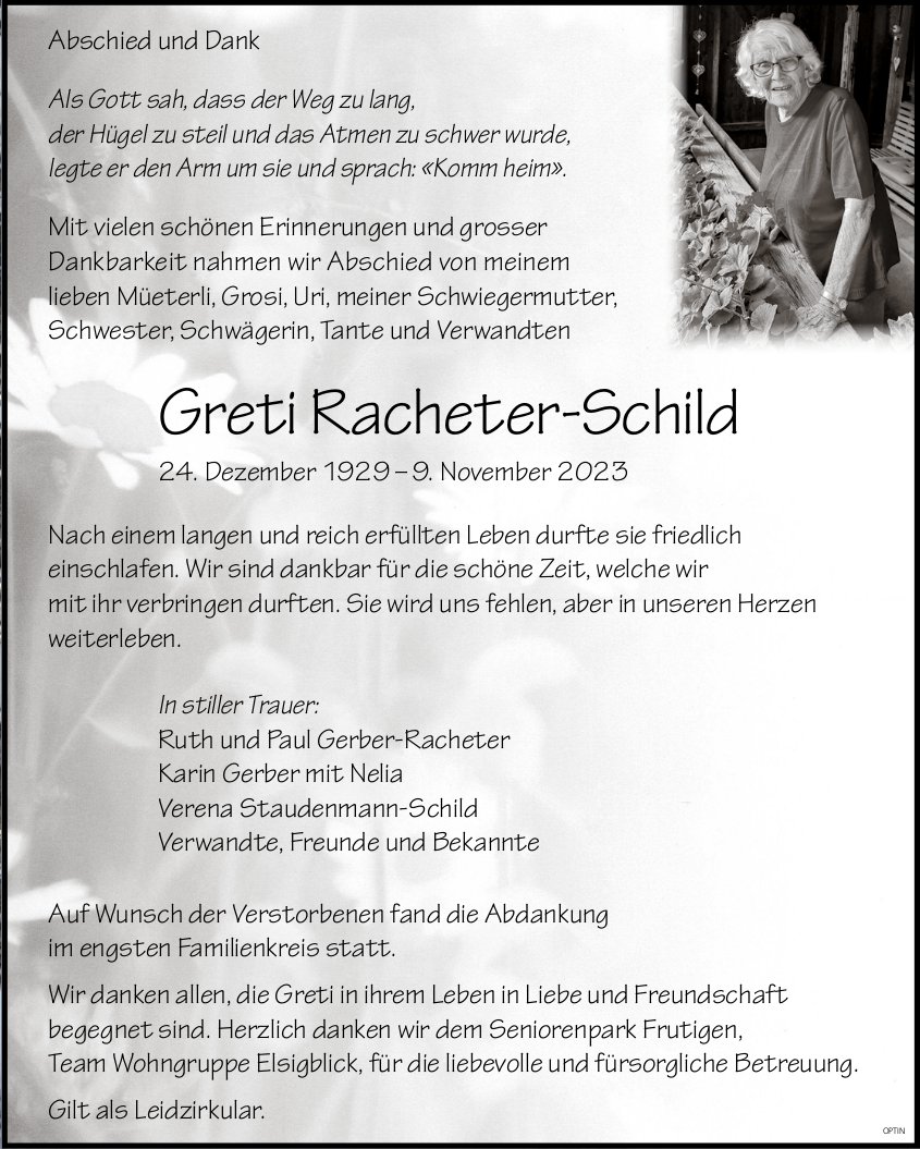 Greti Racheter-Schild, Dezember 2023 / TA + DS