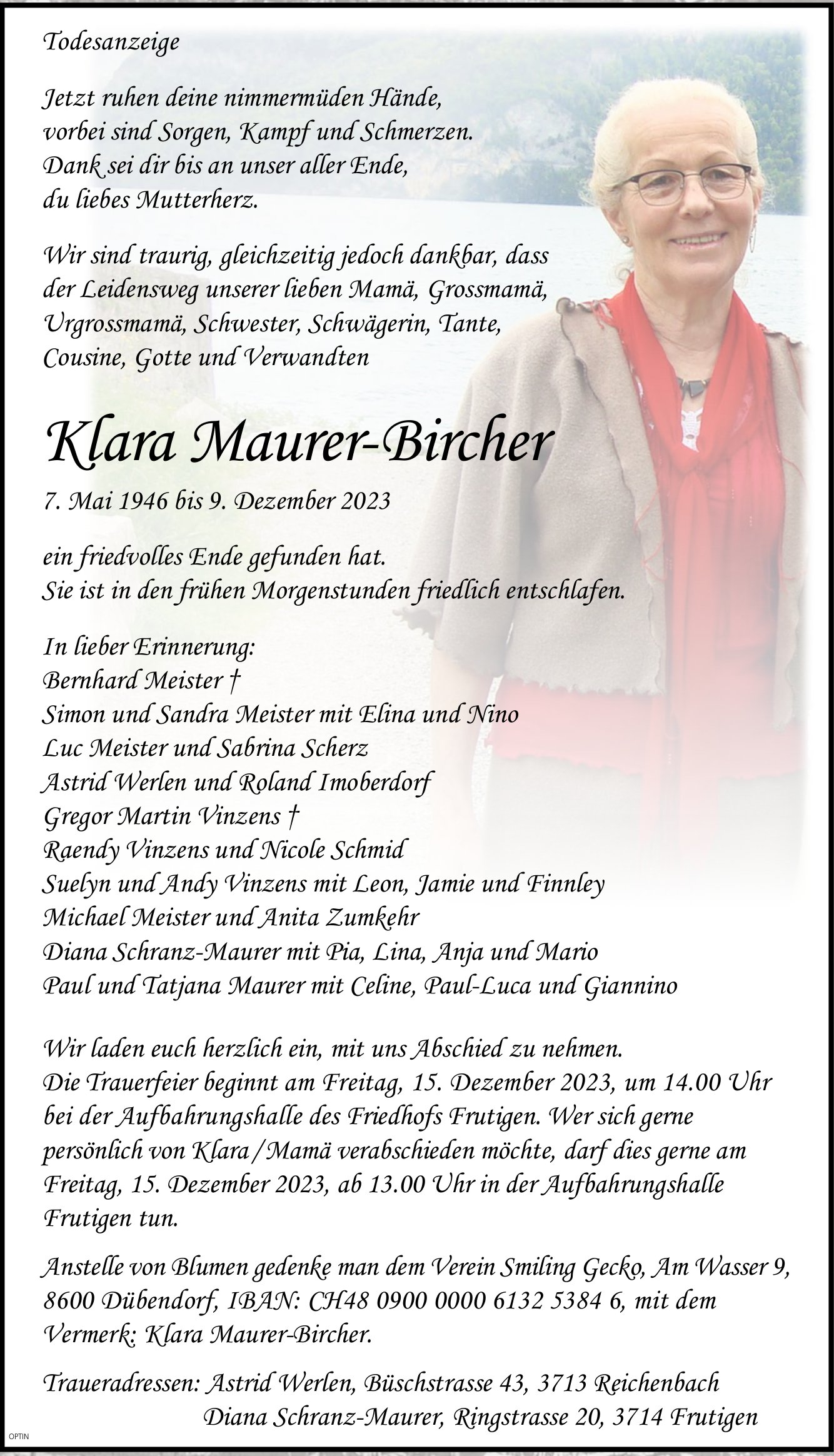 Klara Maurer-Bircher, Dezember 2023 / TA