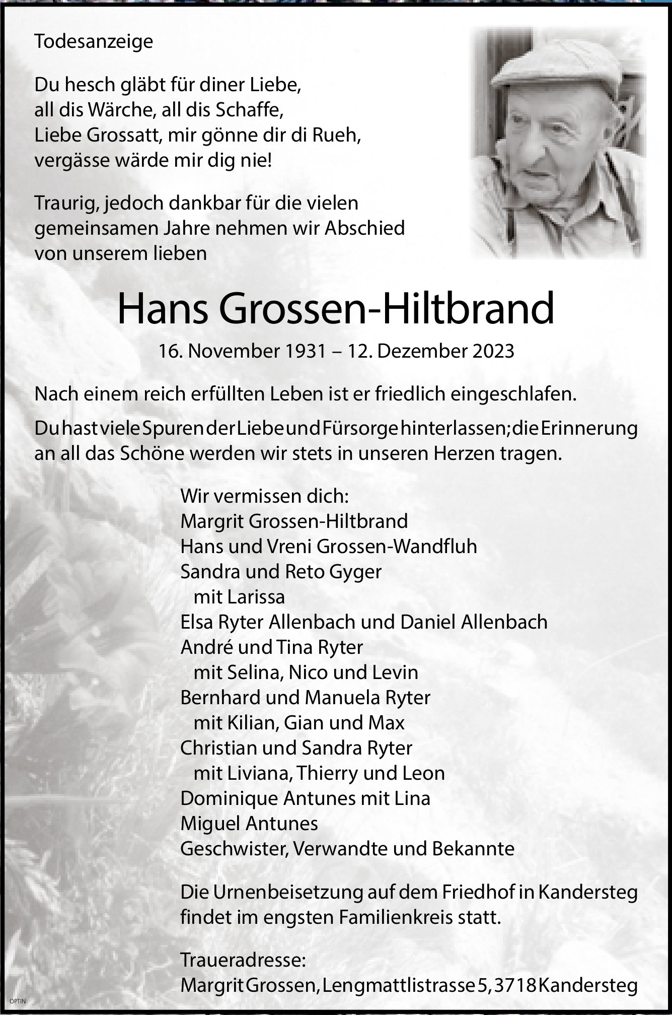 Hans Grossen-Hiltbrand, Dezember 2023 / TA