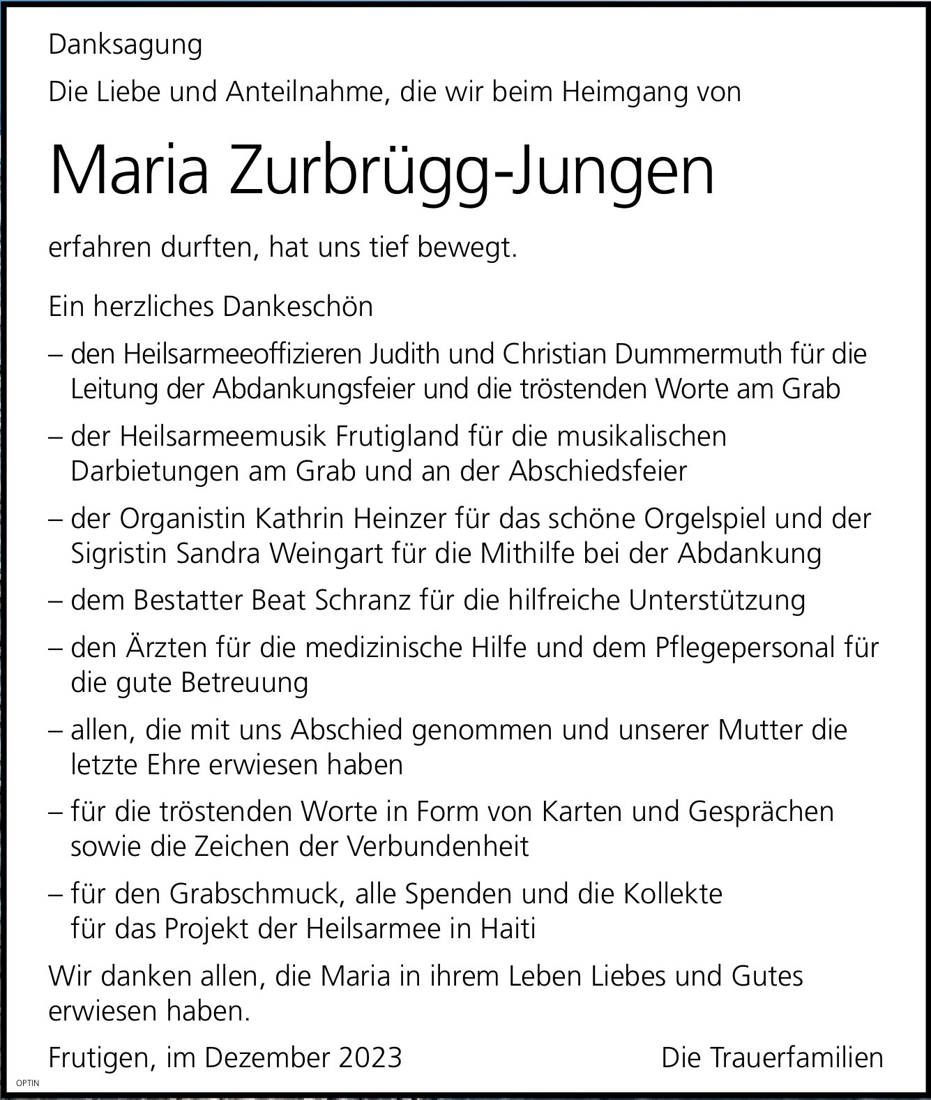 Maria Zurbrügg-Jungen, im Dezember 2023 / DS