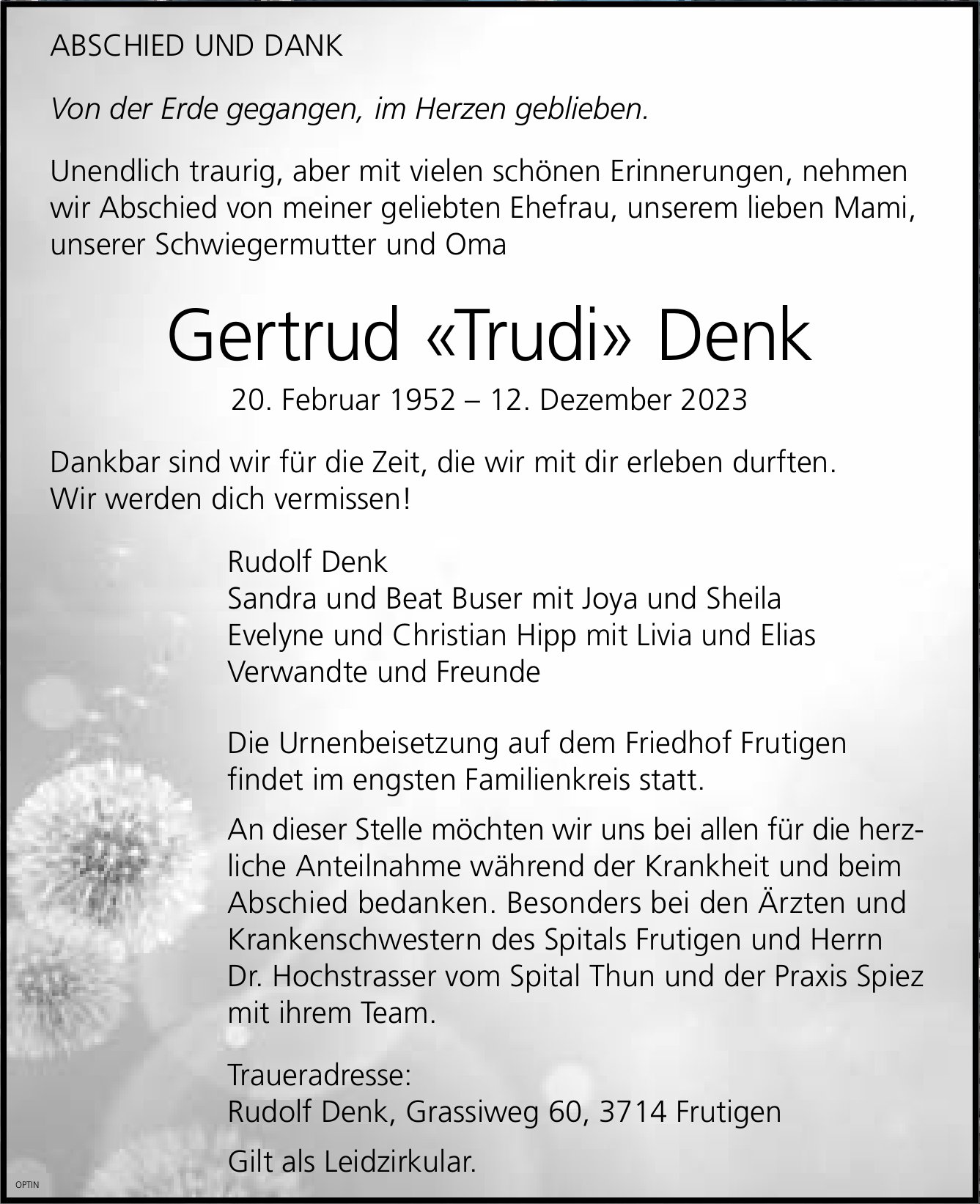 Gertrud «Trudi» Denk, Dezember 2023 / TA