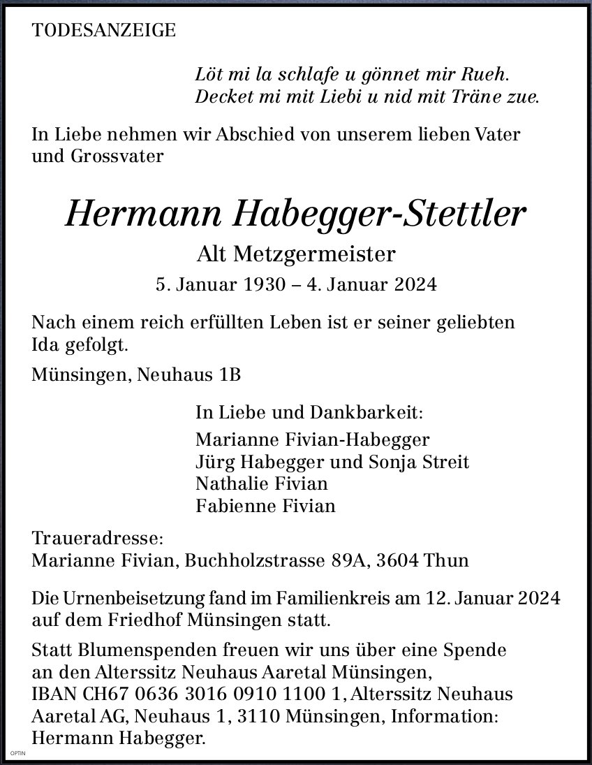 Hermann Habegger-Stettler, Januar 2024 / TA