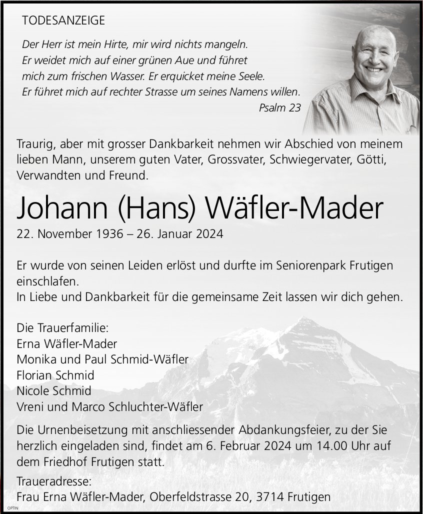 Johann (Hans) Wäfler-Mader, Januar 2024 / TA