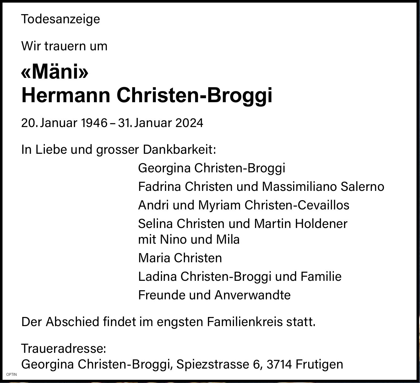 «Mäni» Hermann Christen-Broggi, Januar 2024 / TA