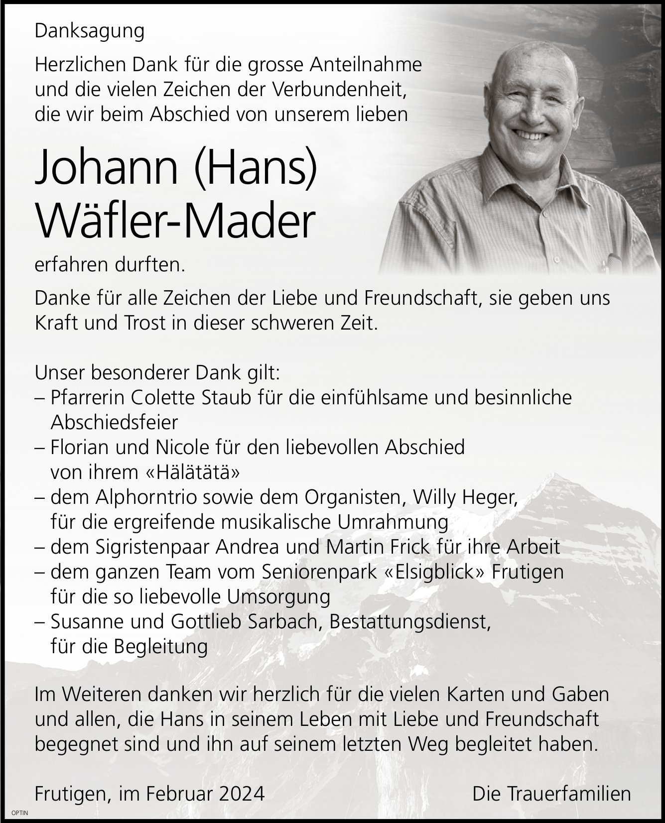 Wäfler-Mader Johann (Hans), im Februar 2024 / DS
