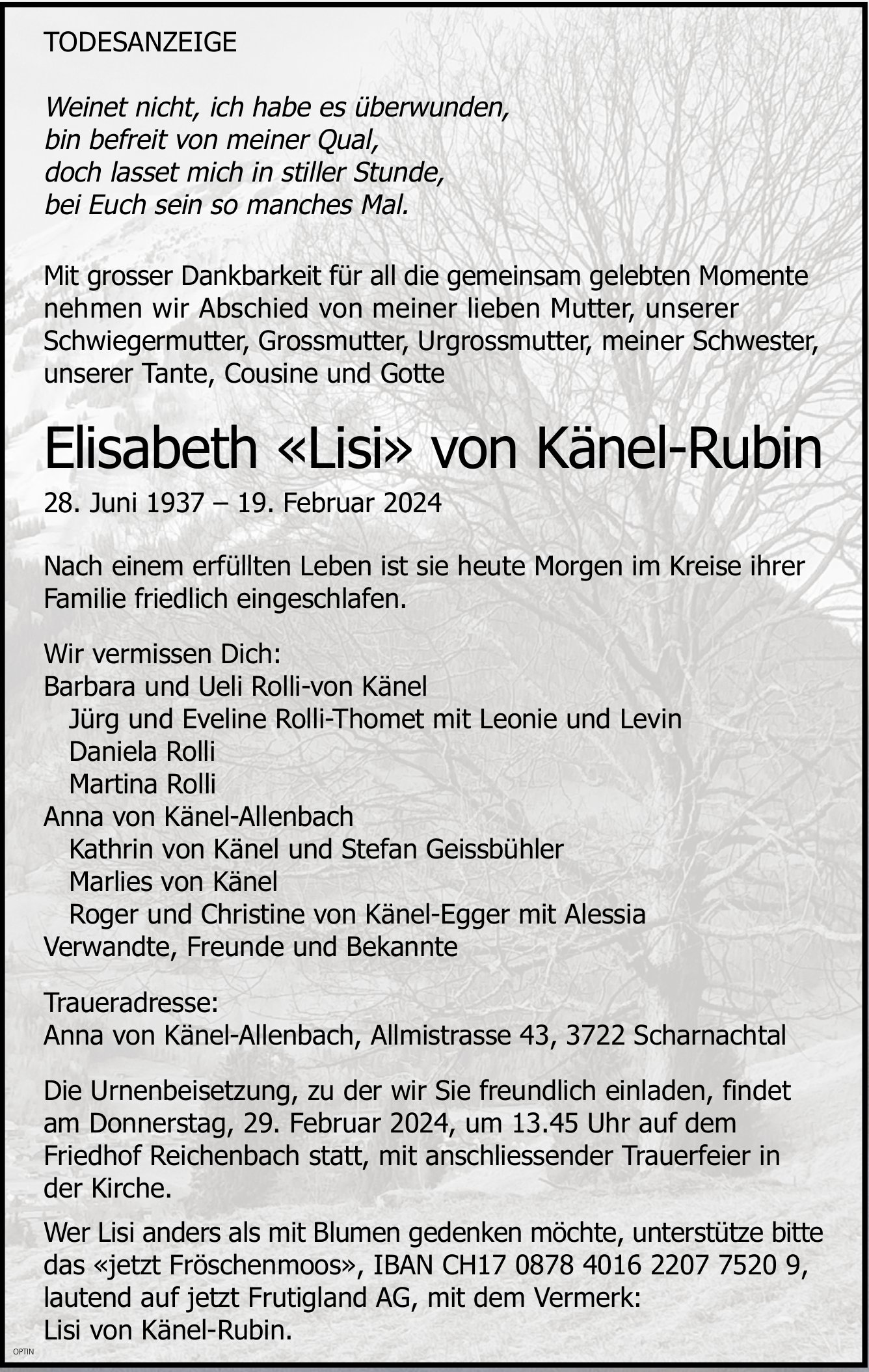 Elisabeth «Lisi» von Känel-Rubin, Februar 2024 / TA