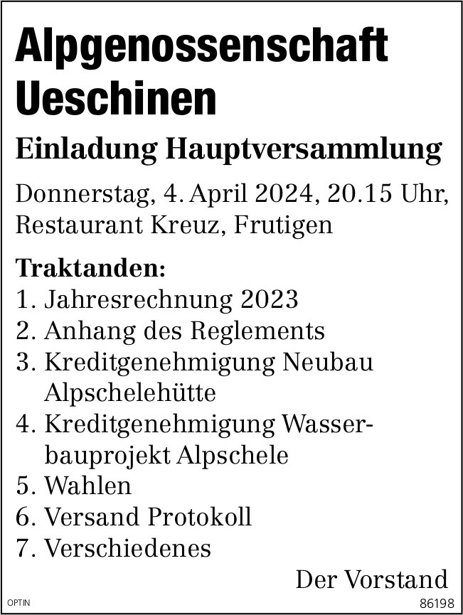 Hauptversammlung Alpgenossenschaft Ueschinen, 4. April, Restaurant Kreuz, Frutigen