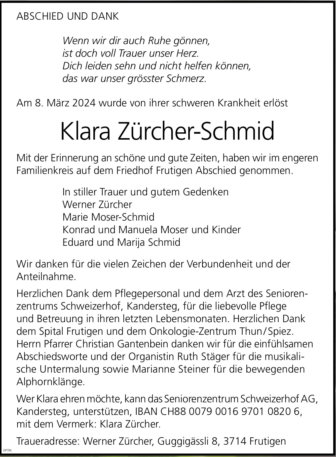 Klara Zürcher-Schmid, März 2024 / TA + DS