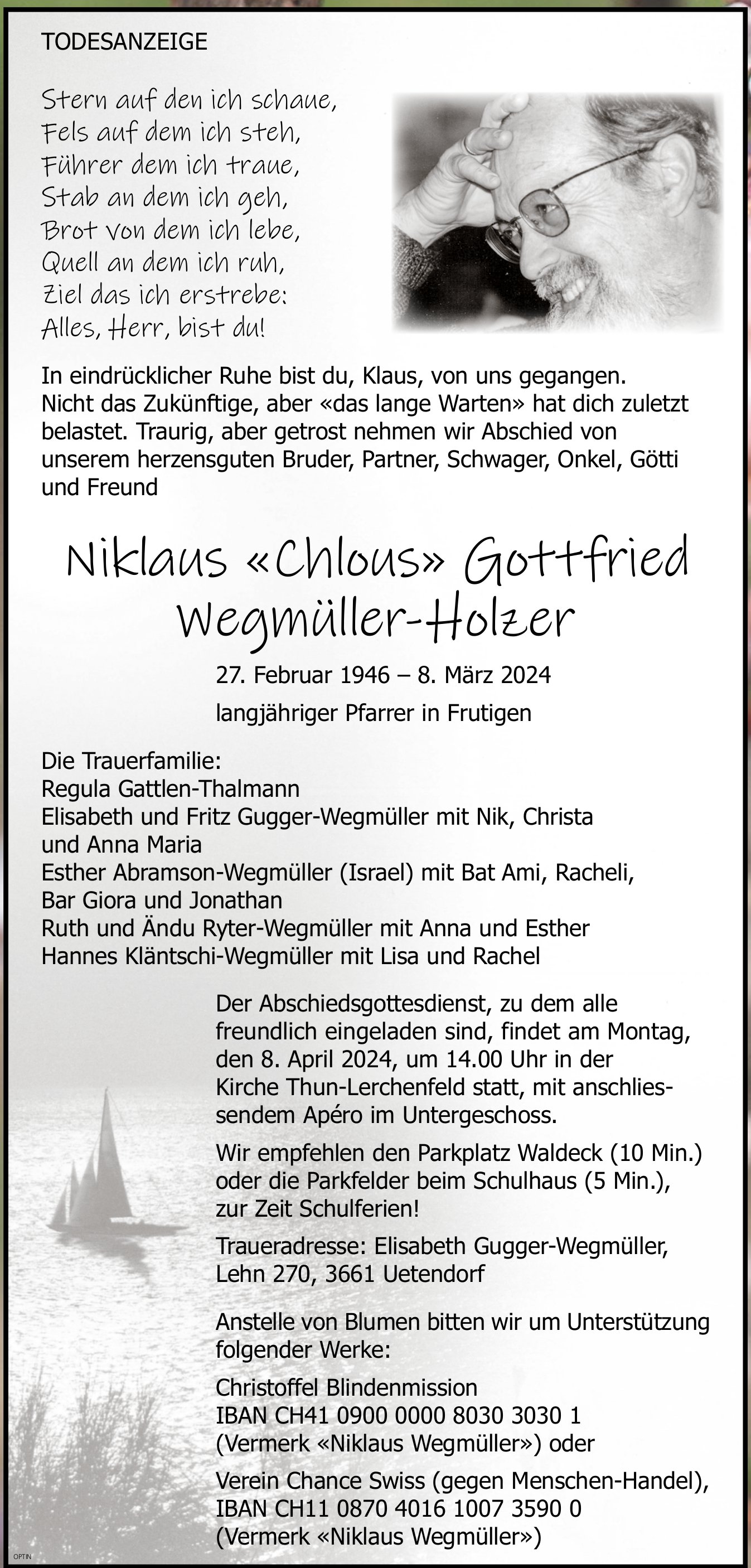 Niklaus «Chlous» Gottfried Wegmüller-Holzer, März 2024 / TA