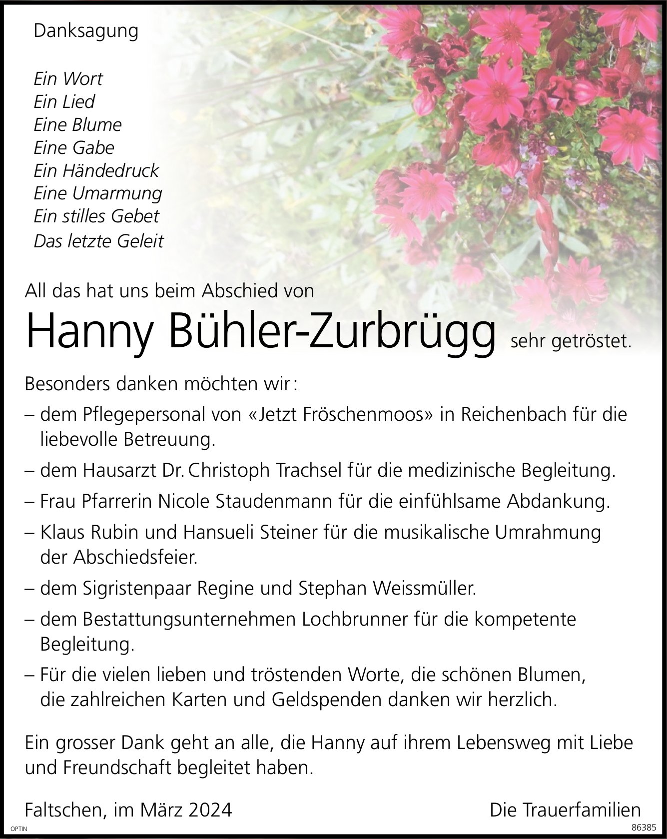 Hanny Bühler-Zurbrügg sehr getröstet., im April 2024 / DS