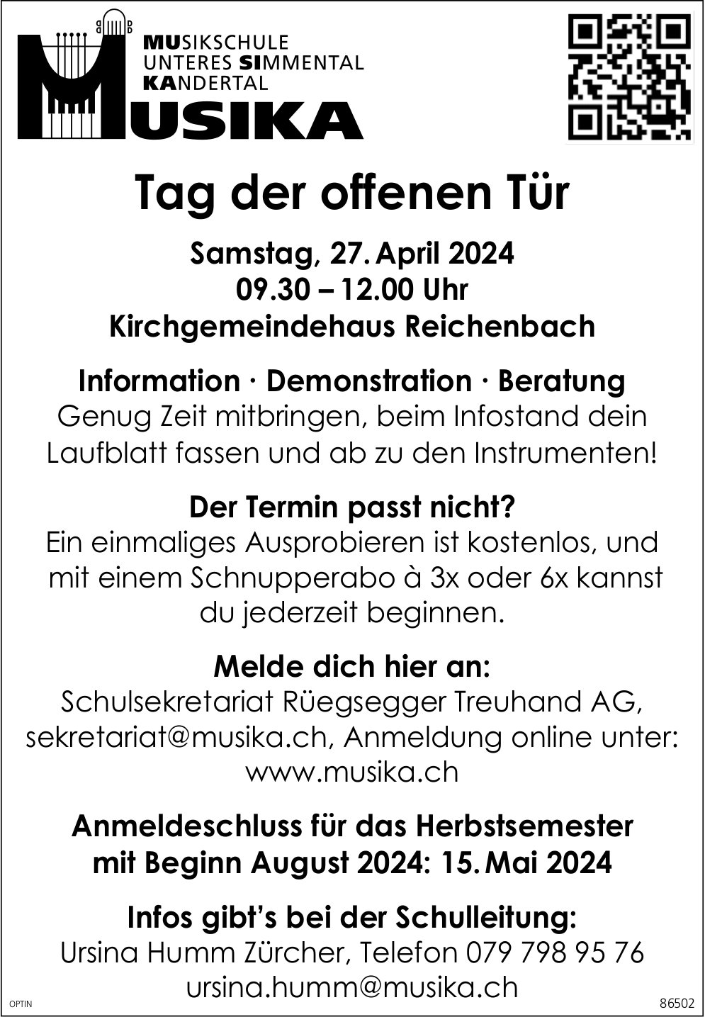 Tag der offenen Tür Musika, 27. April, Kirchgemeindehaus, Reichenbach