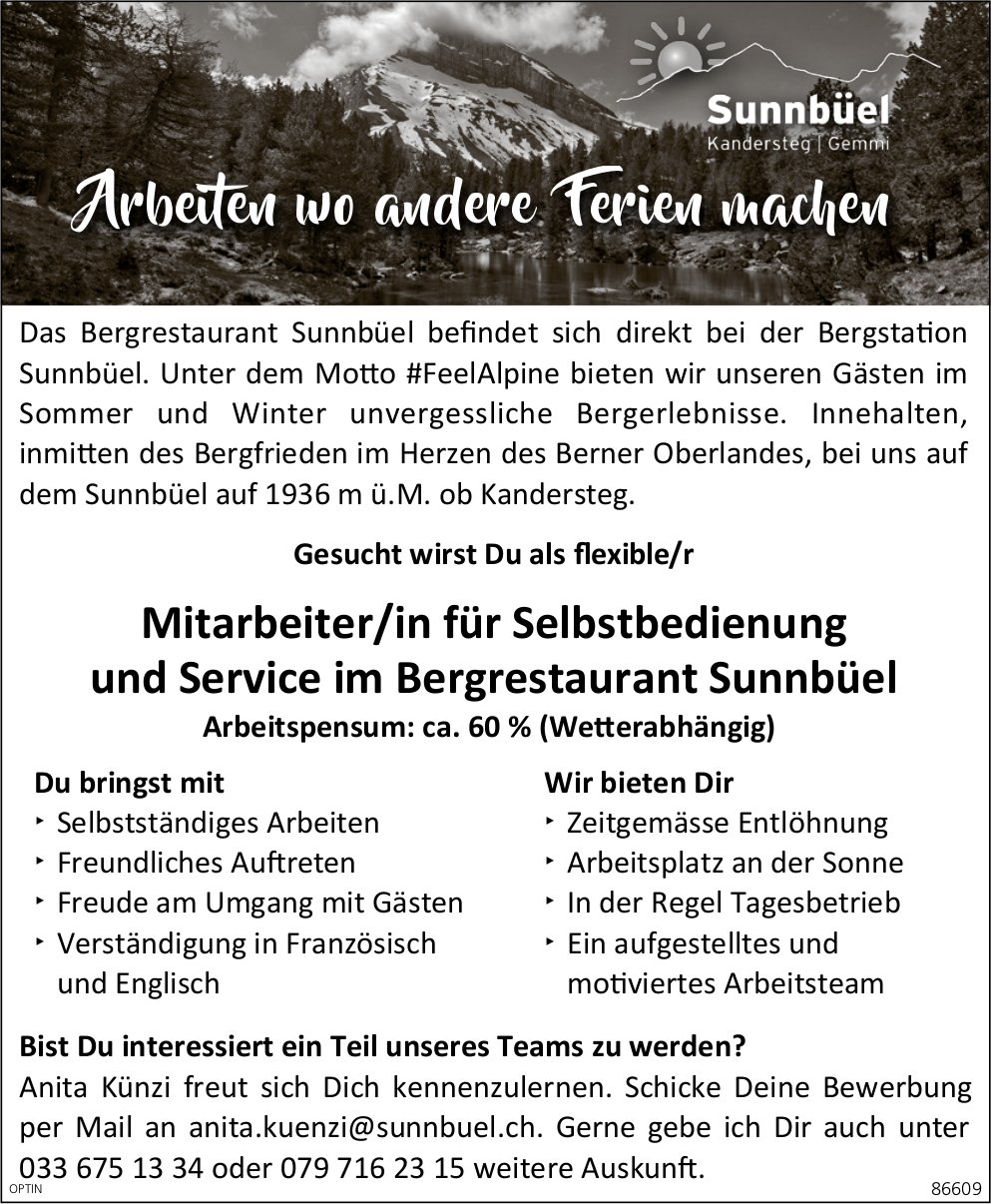 Mitarbeiter/in für Selbstbedienung und Service, Bergrestaurant Sunnebüel, Kandersteg, gesucht