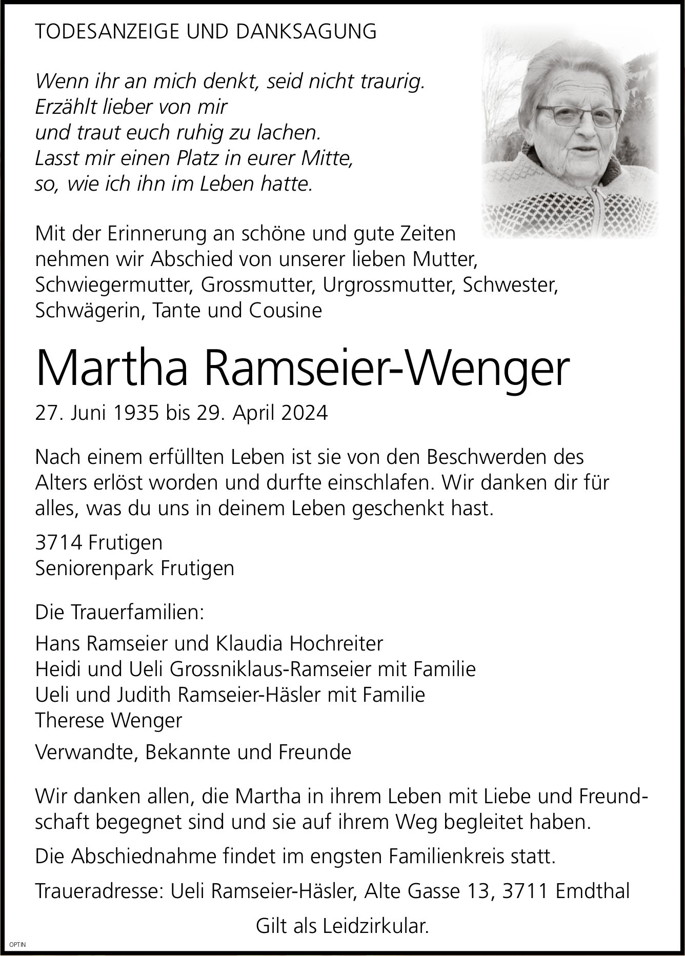 Martha Ramseier-Wenger, Mai 2024 / TA + DS