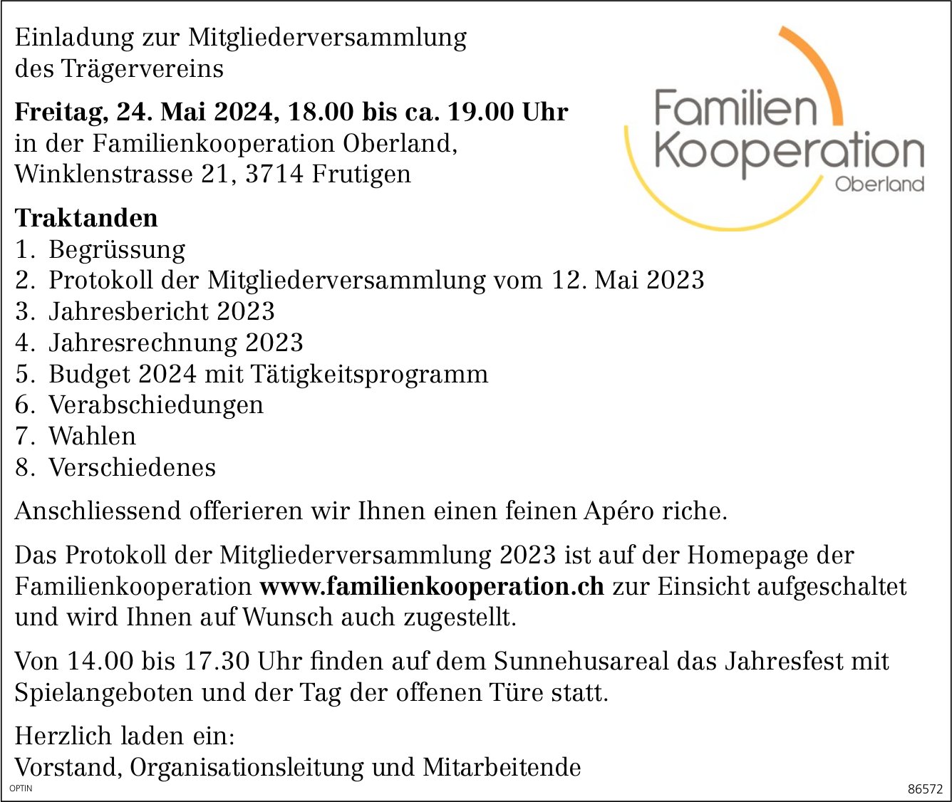 Mitgliederversammlung Trägerverein, 24. Mai, Familien Kooperation Oberland, Frutigen