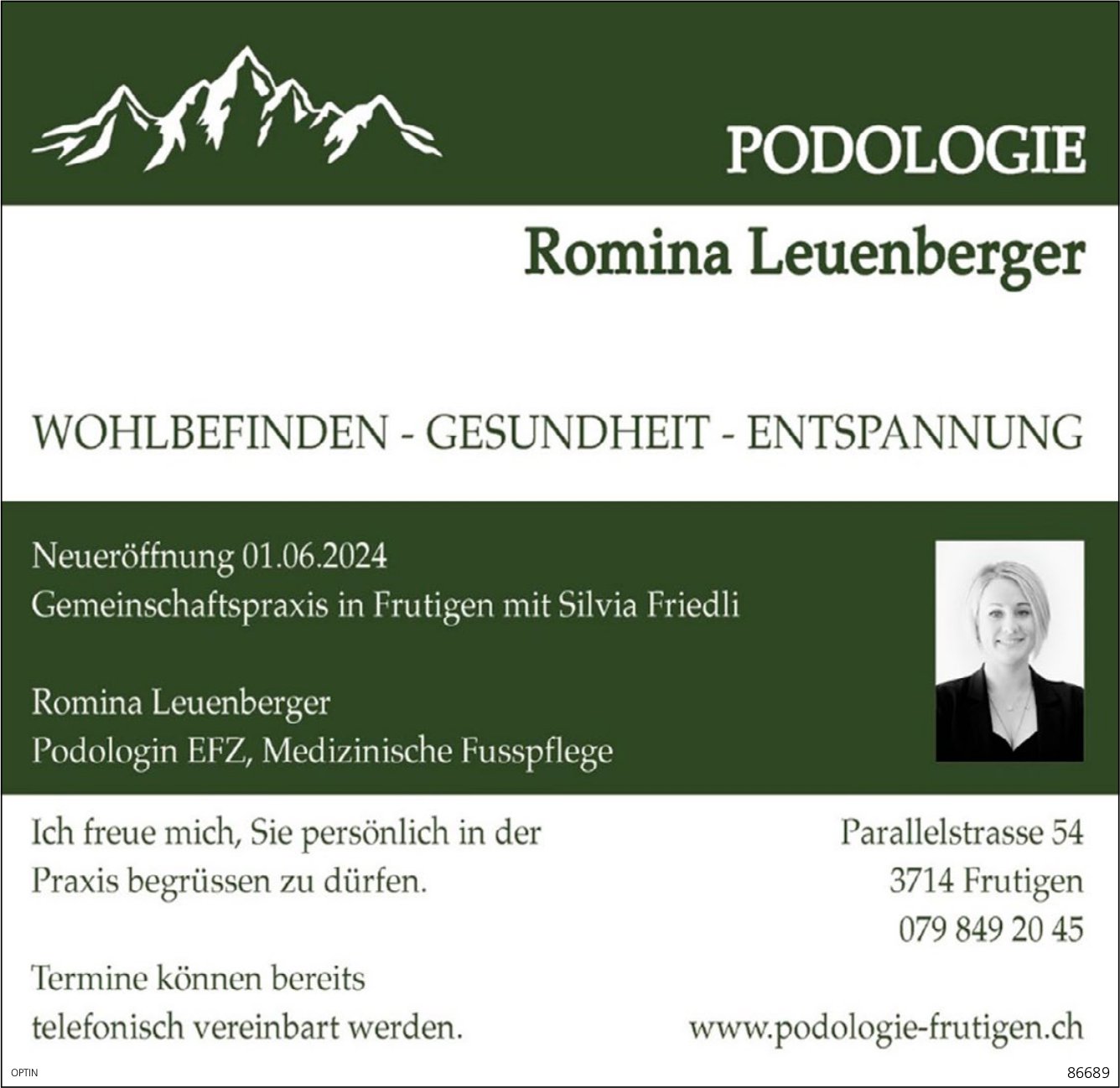 Neueröffnung, 1. Juni, Romina Leuenberger, Podologie, Frutigen