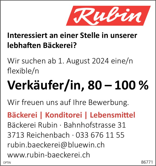 Verkäufer/in, 80 – 100 %, Bäckerei Rubin, Reichenbach,  gesucht