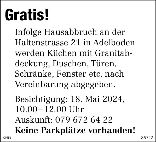 Hausabbruch, Gratis Einrichtungsmaterial, 18. Mai, Haltenstrasse 21, Adelboden
