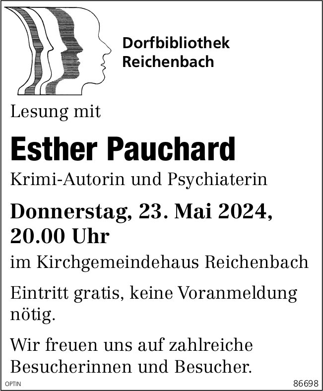 Lesung mit Esther Pauchard Krimi-Autorin und Psychiaterin, 23. Mai, Kirchgemeindehaus, Reichenbach