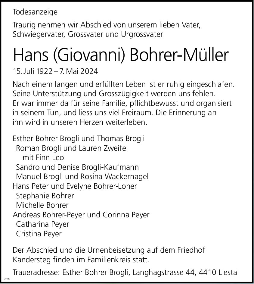 Hans (Giovanni) Bohrer-Müller, Mai 2024 / TA