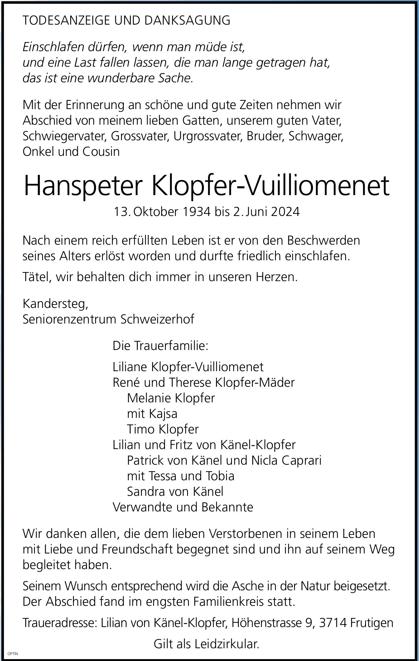 Hanspeter Klopfer-Vuilliomenet, Juni 2024 / TA