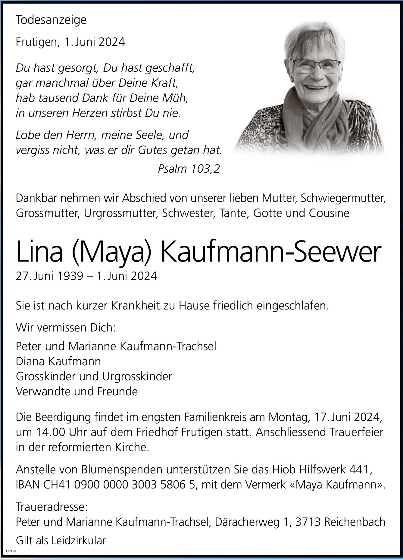 Lina (Maya) Kaufmann-Seewer, Juni 2024 / TA