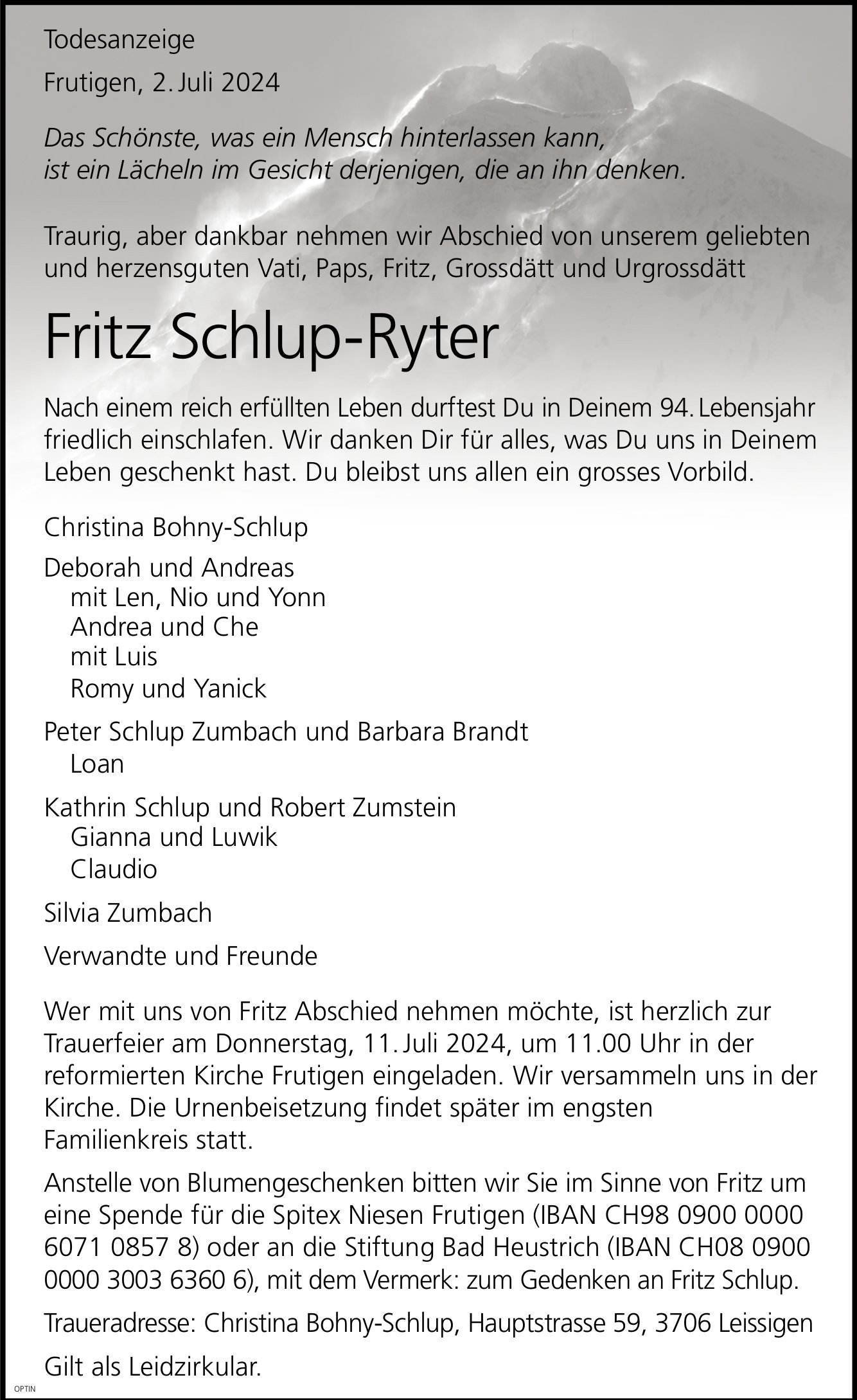 Fritz Schlup-Ryter, Juli 2024 / TA