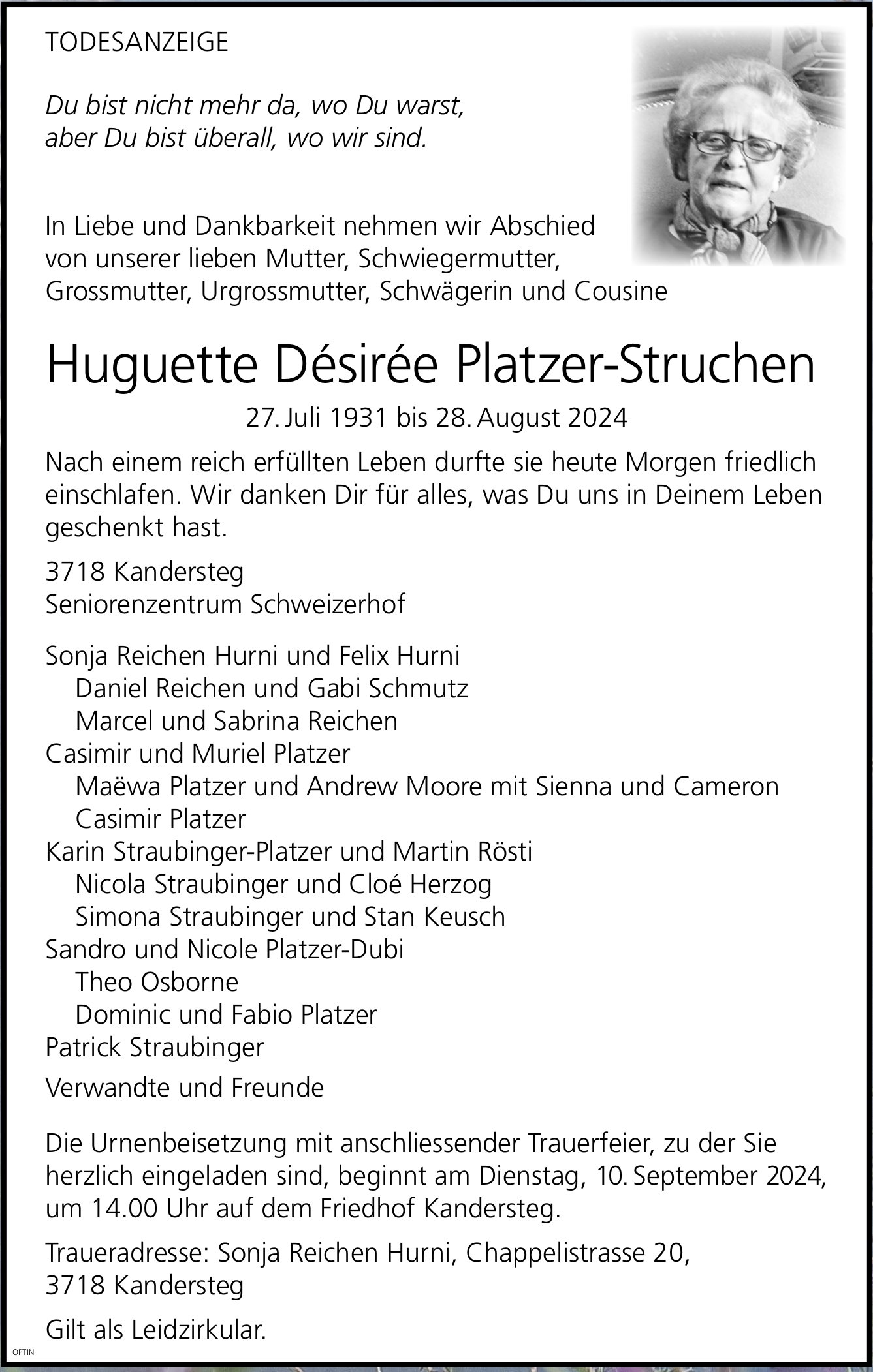 Huguette Désirée Platzer-Struchen, August 2024 / TA