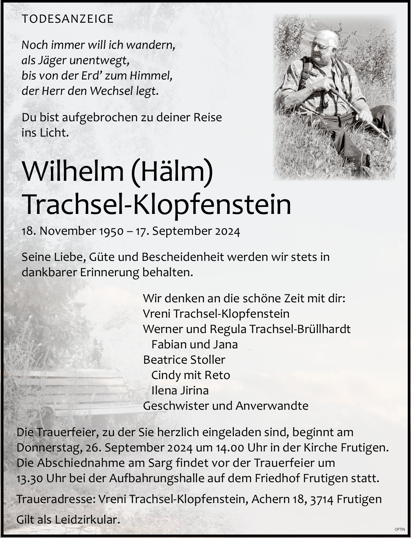 Wilhelm (Hälm) Trachsel-Klopfenstein, September 2024 / TA