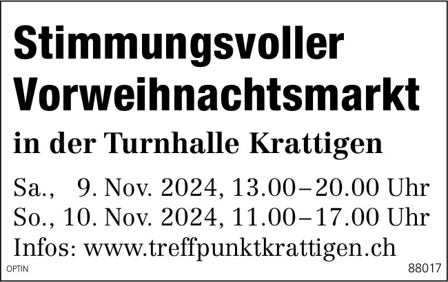 Vorweihnachtsmarkt, 9. und 10. November, Turnhalle, Krattigen