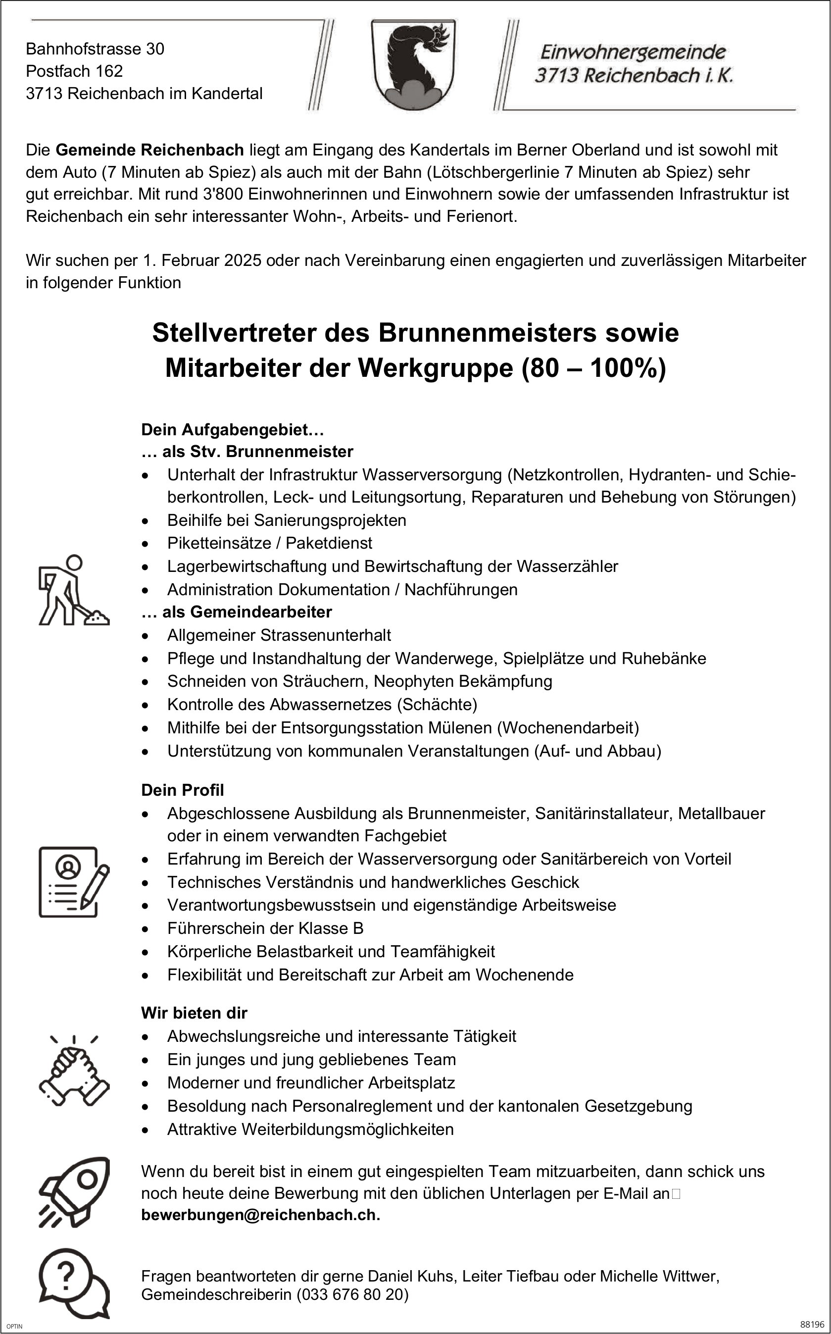 Stellvertreter des Brunnenmeisters sowie Mitarbeiter der Werkgruppe (80-100%), Gemeinde, Reichenbach im Kandertal, gesucht