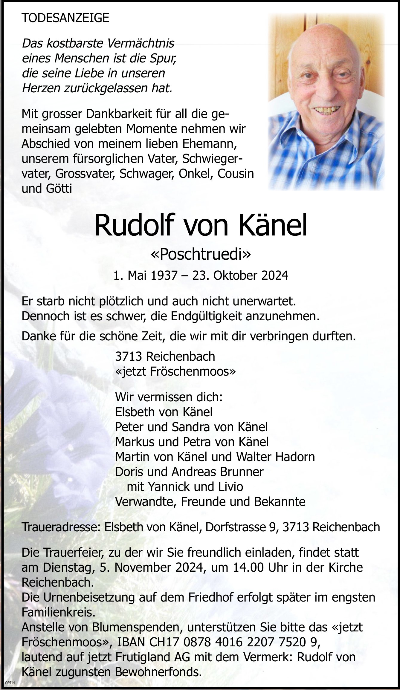 Rudolf von Känel «Poschtruedi», Oktober 2024 / TA