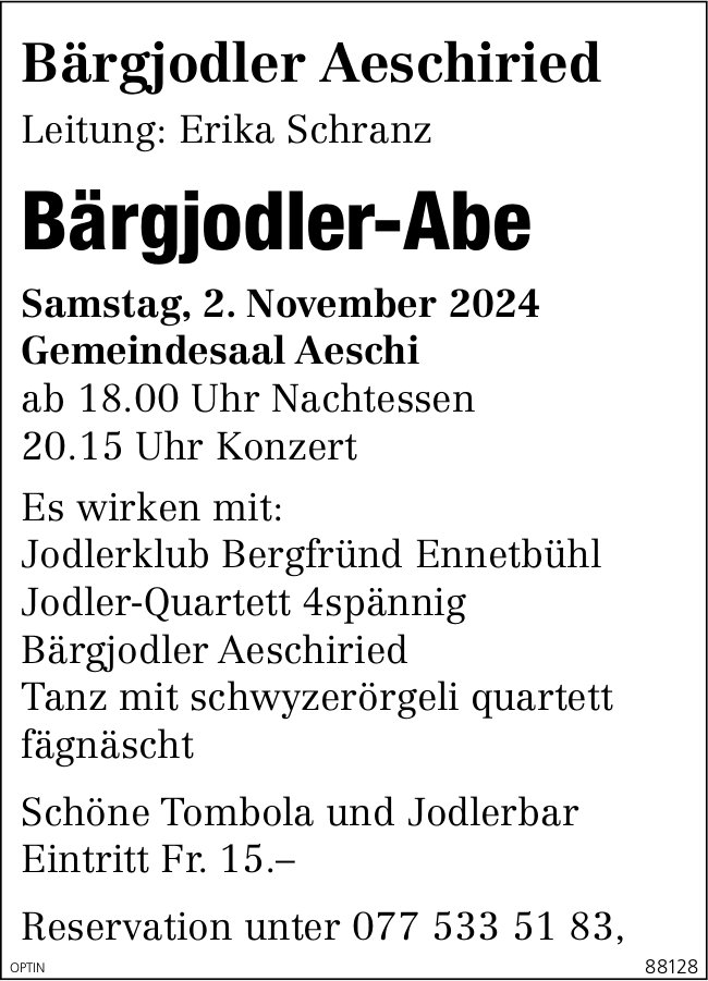 Bärgjodler-Abe, 2. November, Gemeindesaal, Aeschi