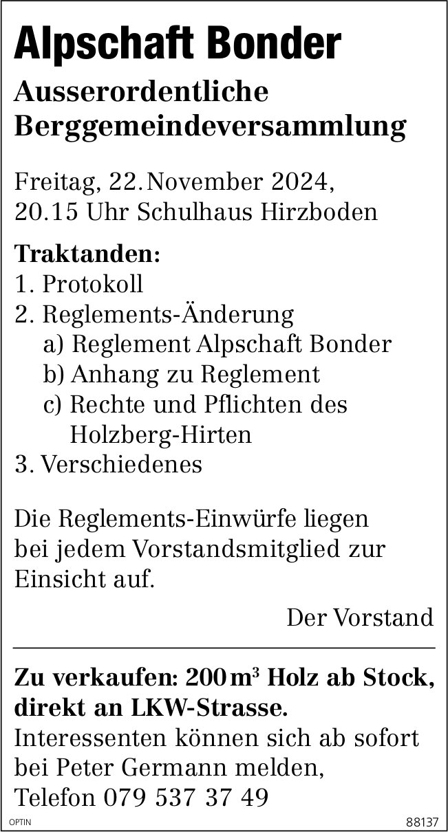 Ausserordentliche Berggemeindeversammlung Alpschaft Bonder, 22. November, Schulhaus Hirzboden