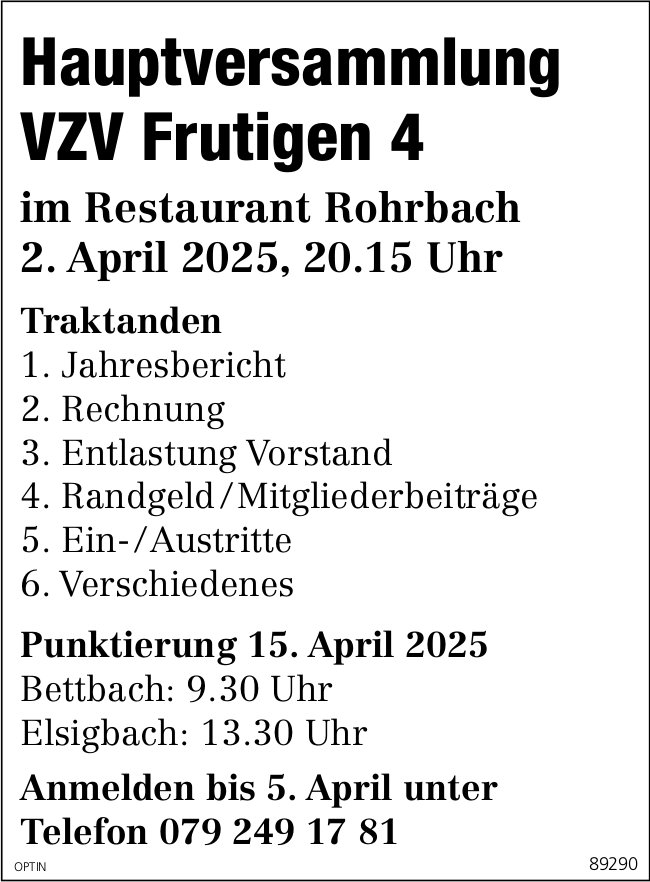Hauptversammlung VZV Frutigen 4, 15. April, Restaurant Rohrbach, Frutigen