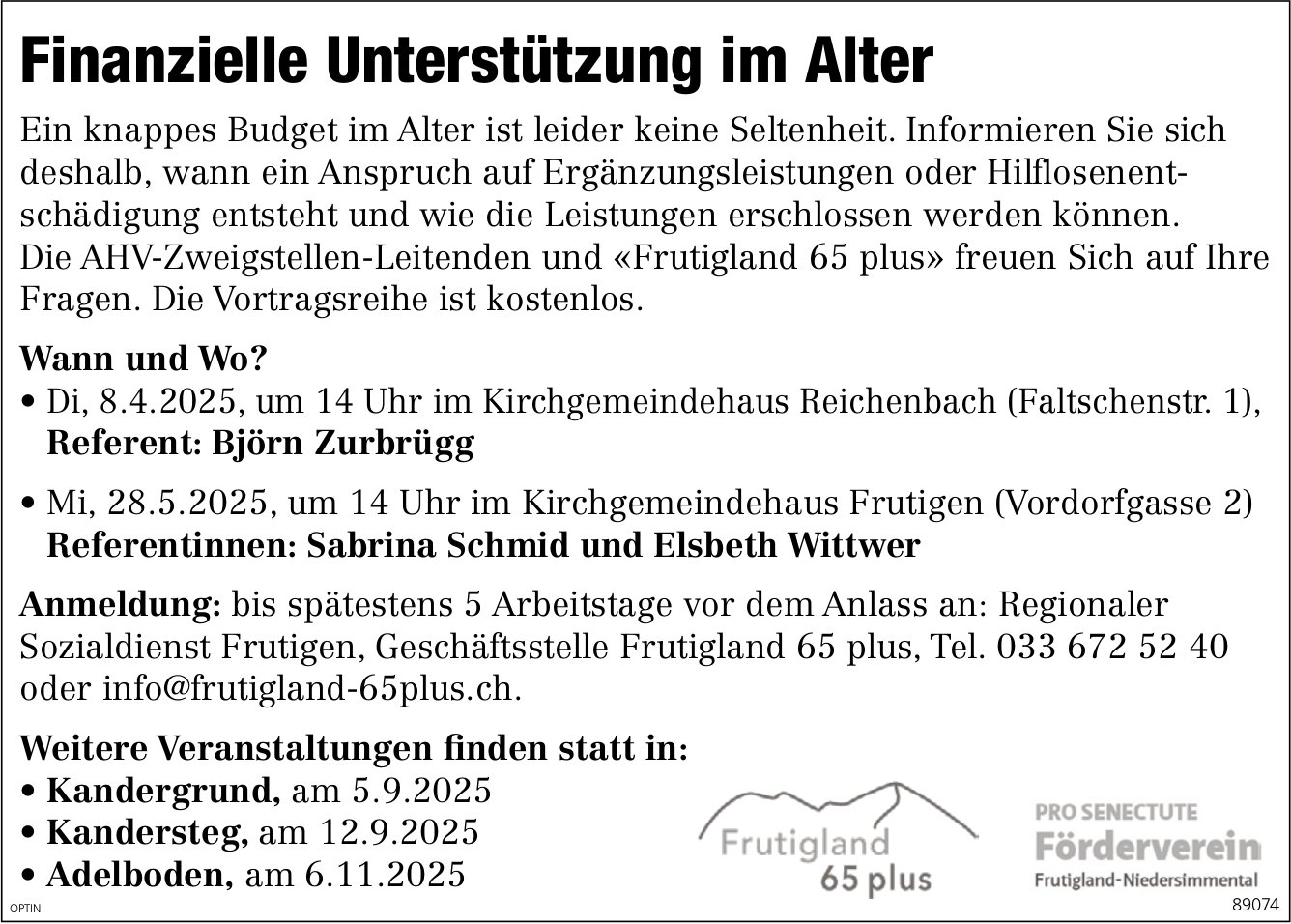 Finanzielle Unterstützung im Alter, 4. April und 28. Mai, Kirchgemeindehaus, Reichenbach und Frutigen