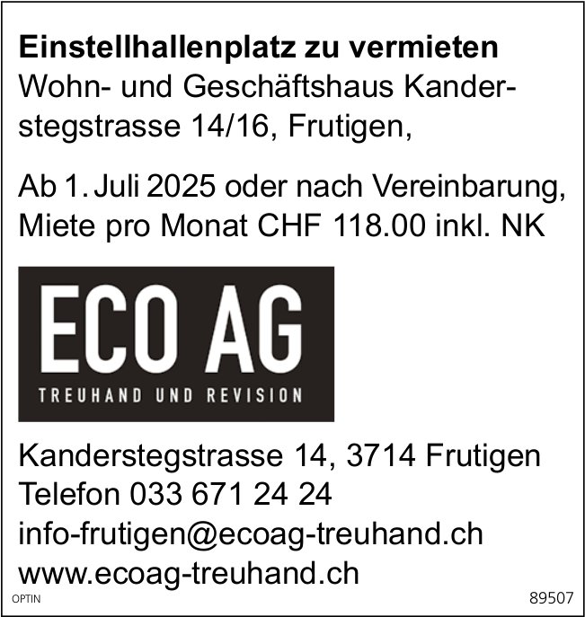 Einstellhallenplatz, Frutigen, zu vermieten