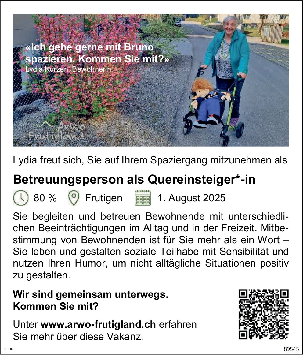 Betreuungsperson als Quereinsteiger*-in, ArWo Frutigland, Frutigen, gesucht