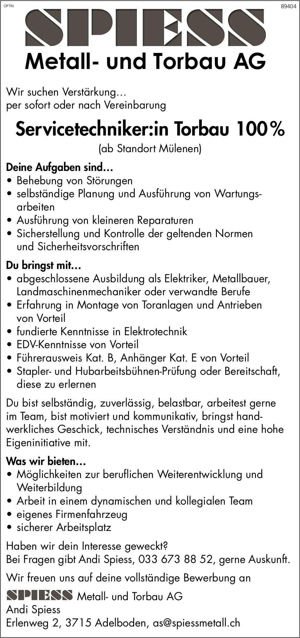 Servicetechniker:in Torbau 100 %, Spiess Metall- und Torbau AG, Mülenen, gesucht