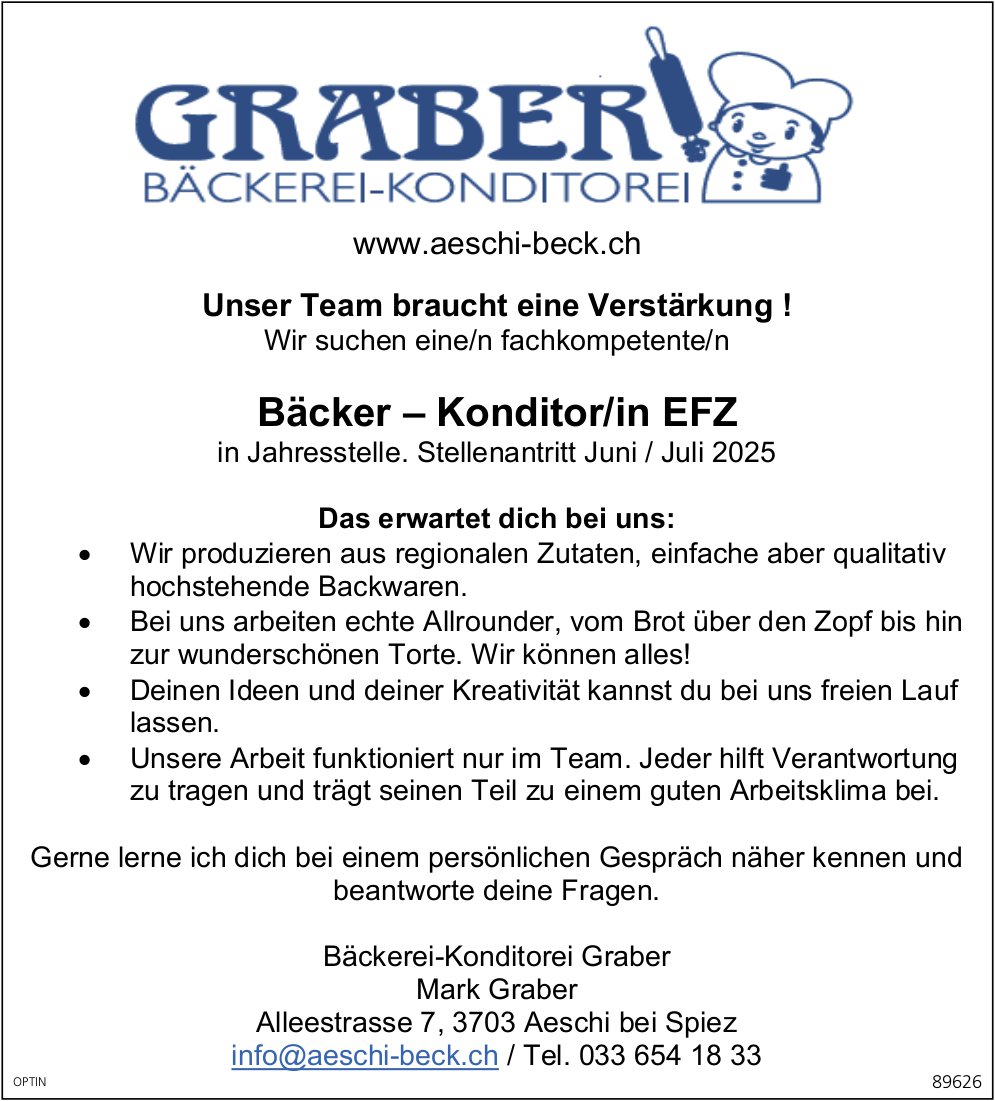 Bäcker – Konditor/in EFZ, BäckereiKonditorei Graber, Aeschi, gesucht