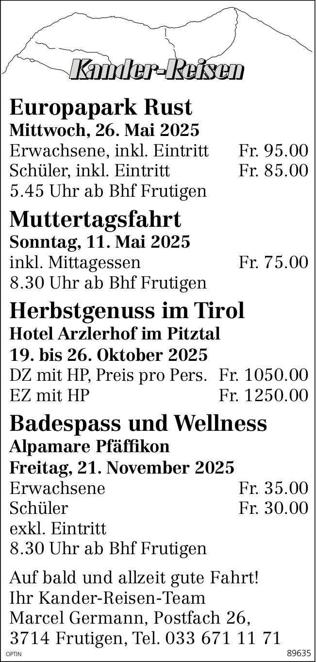 Kander-Reisen, Frutigen - Reiseprogramm