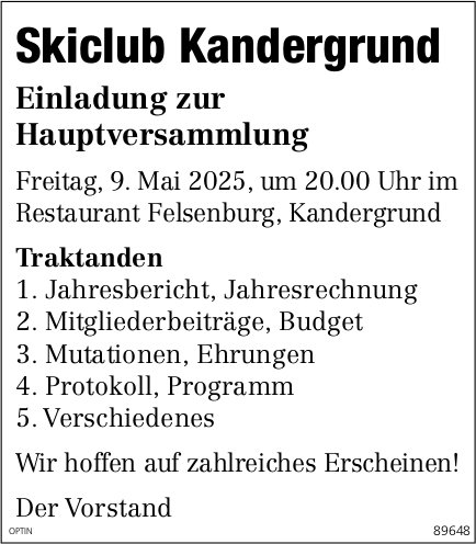 Hauptversammlung Skiclub, 9. Mai, Restaurant Felsenburg
